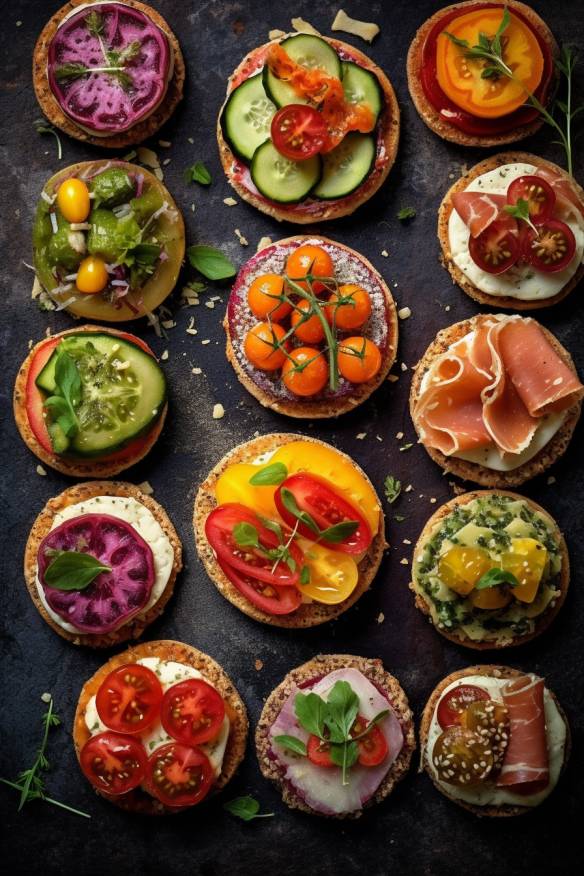 Bunte Gemüse-Pizza-Häppchen auf einem Teller angerichtet.