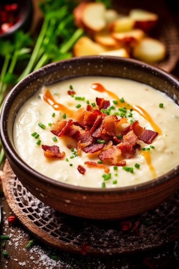 Cremige Kartoffelsuppe mit geröstetem Knoblauch und Speck