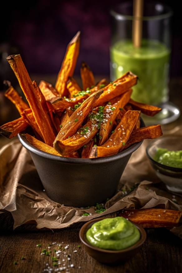 Knusprige Süßkartoffel-Pommes mit Avocado-Dip