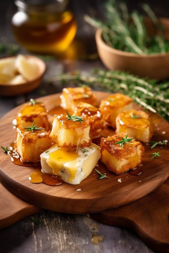 Knusprige Camembert-Häppchen mit Honig und Thymian auf einem Holzbrett serviert.