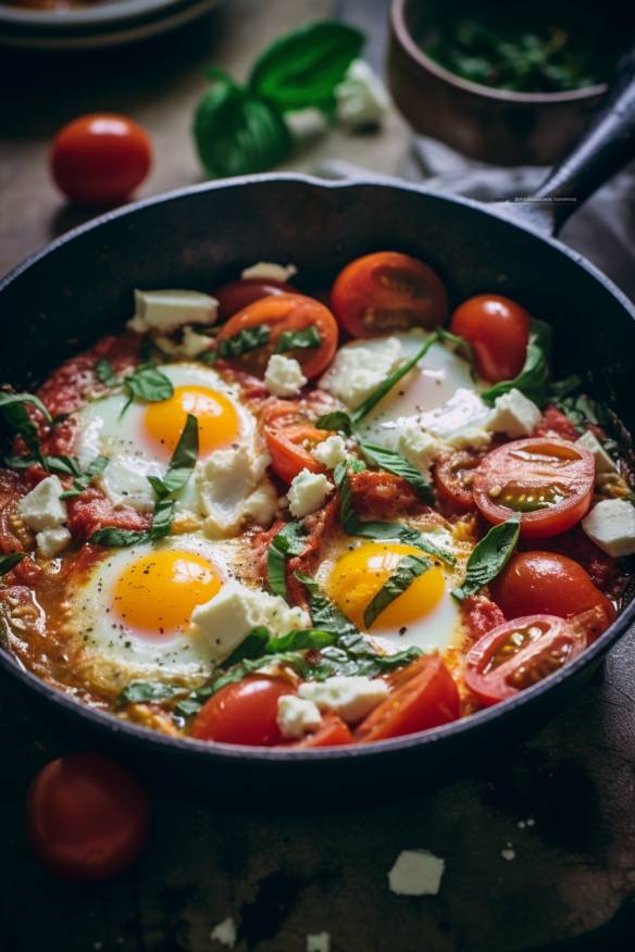 Einfache Eierpfanne mit Tomate und Feta.