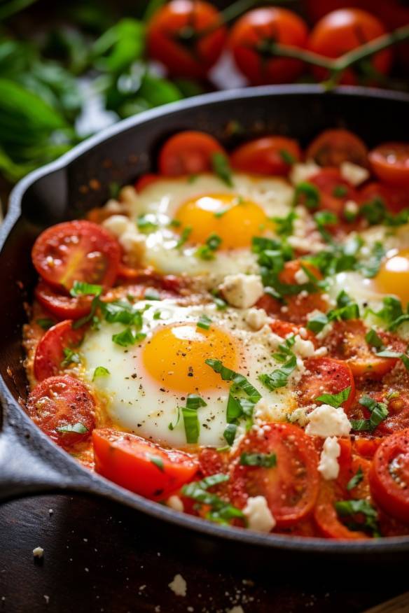 Einfache Eierpfanne mit Tomate und Feta.