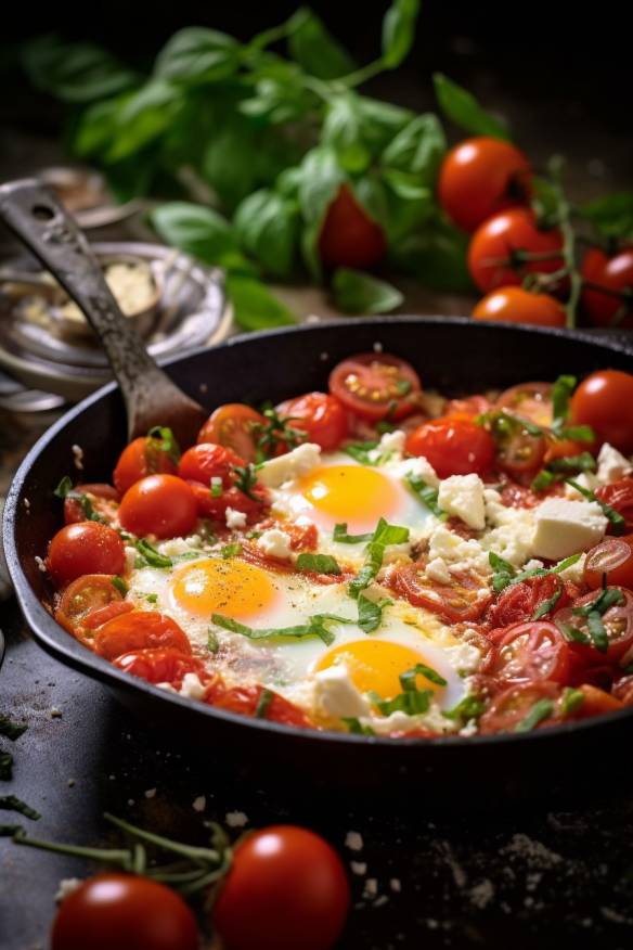 Einfache Eierpfanne mit Tomate und Feta.