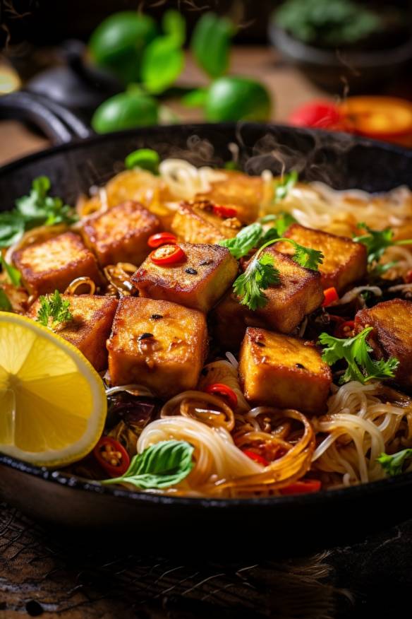 Gebratener Tofu mit Gemüse und Reisnudeln - Leichte Kochideen