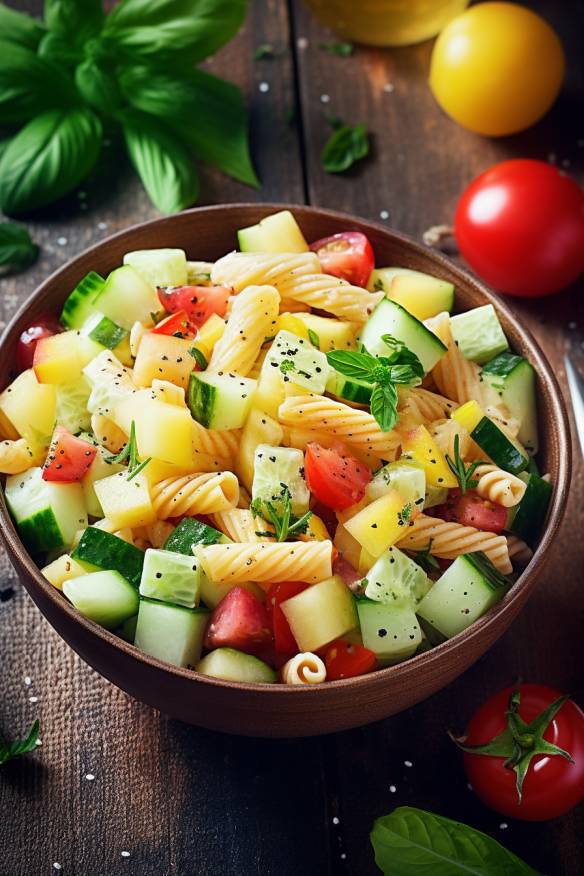 Fruchtiger Nudelsalat mit Tomaten, Gurke und Ananas