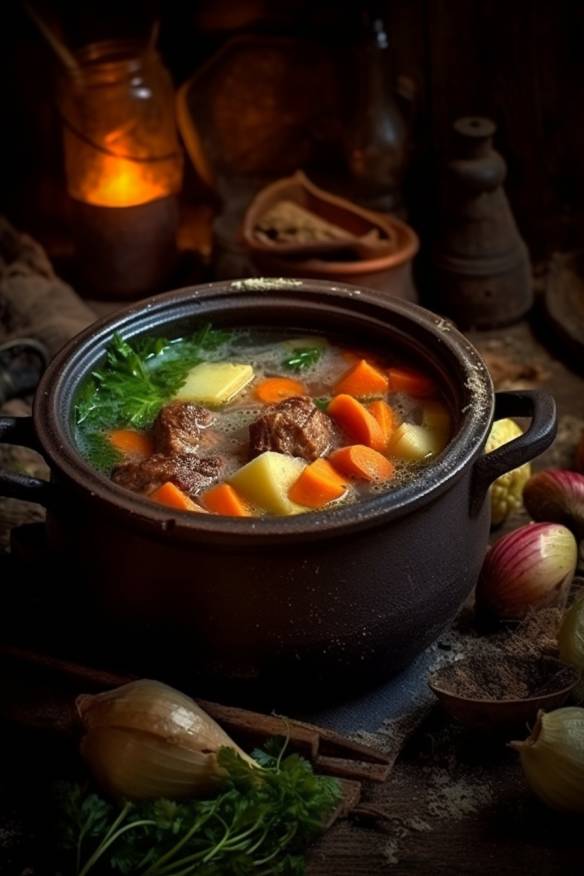 Mittelalterlicher Eintopf mit Wurzelgemüse und Rindfleisch