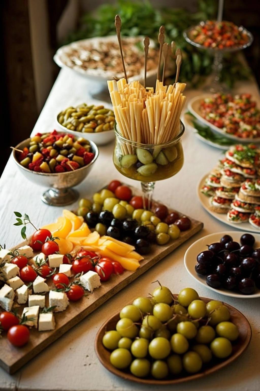 Mediterranes Fingerfood-Buffet mit verschiedenen kalten Snacks.