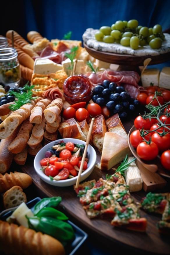 Mediterranes Fingerfood-Buffet mit verschiedenen kalten Snacks.