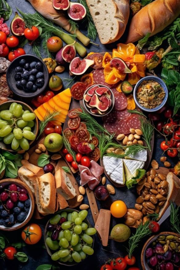 Mediterranes Fingerfood-Buffet mit verschiedenen kalten Snacks.
