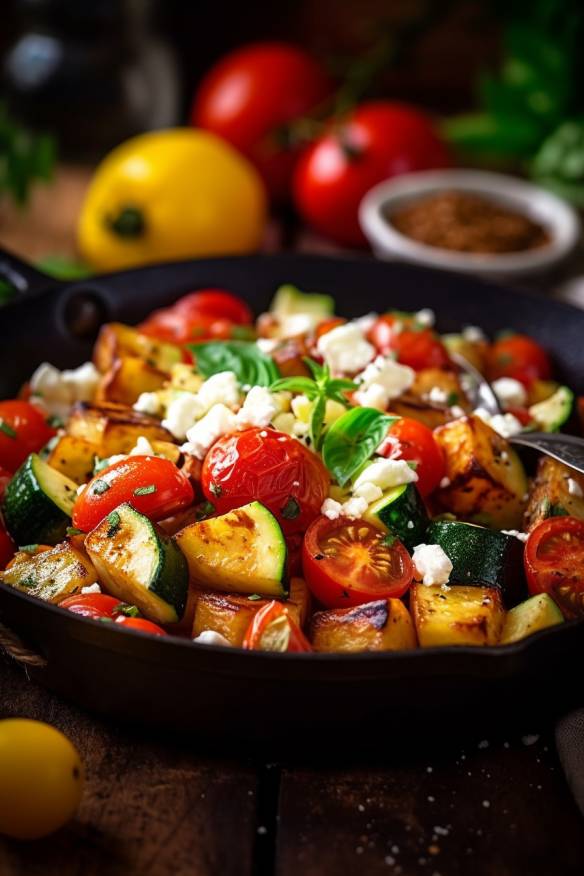 Mediterrane Gemüsepfanne mit Feta - Eine leichte Mittagsidee