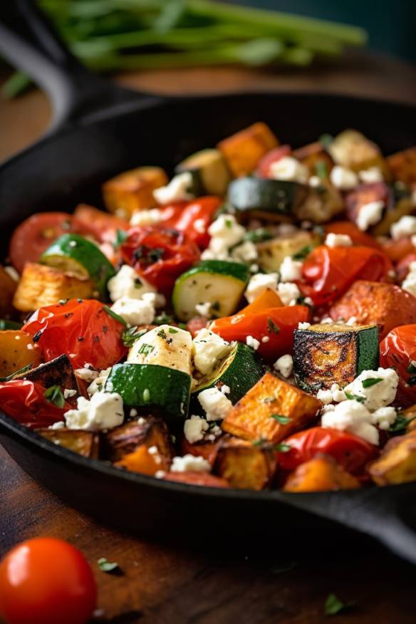 Mediterrane Gemüsepfanne mit Feta - Eine leichte Mittagsidee