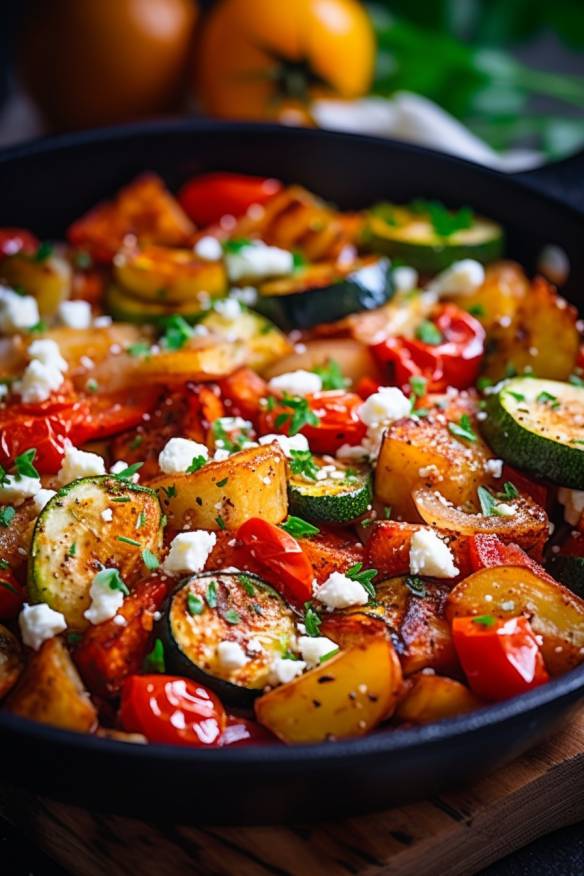Mediterrane Gemüsepfanne mit Feta - Eine leichte Mittagsidee