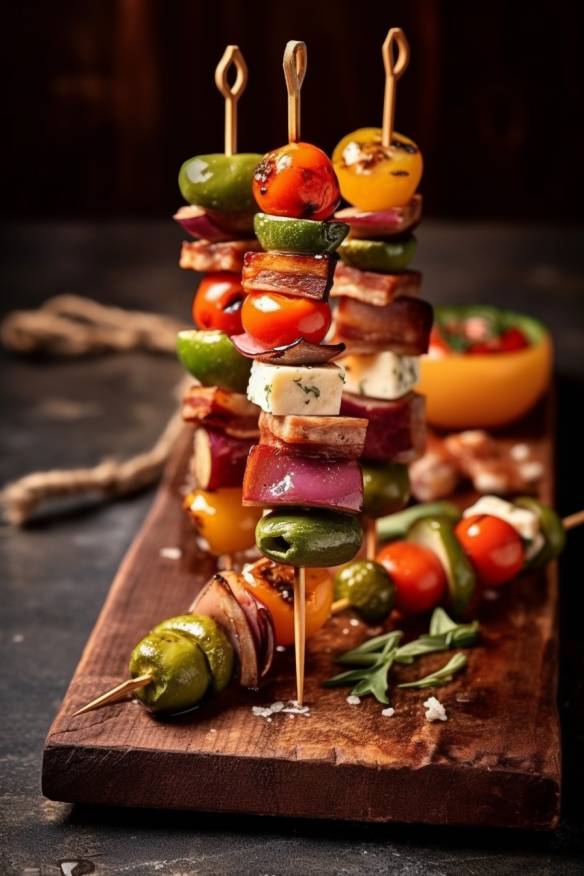 Mediterraner Gemüsespieß auf einem Holzbrett