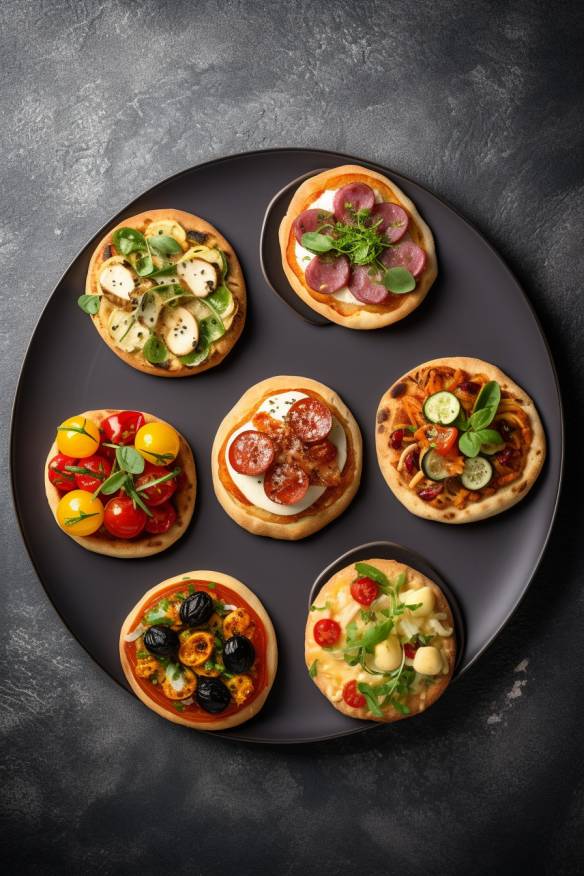 Mini-Pizzas auf einem Teller angerichtet.