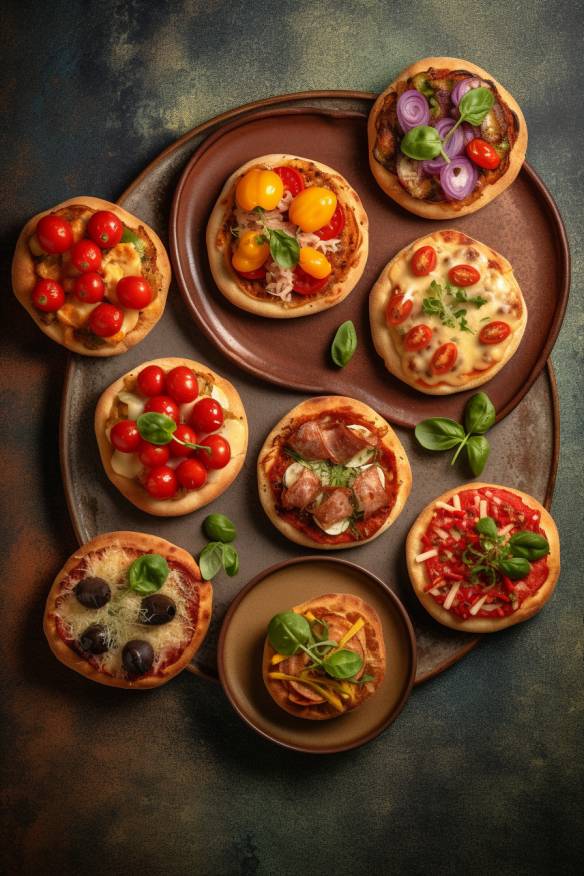 Mini-Pizzas auf einem Teller angerichtet.