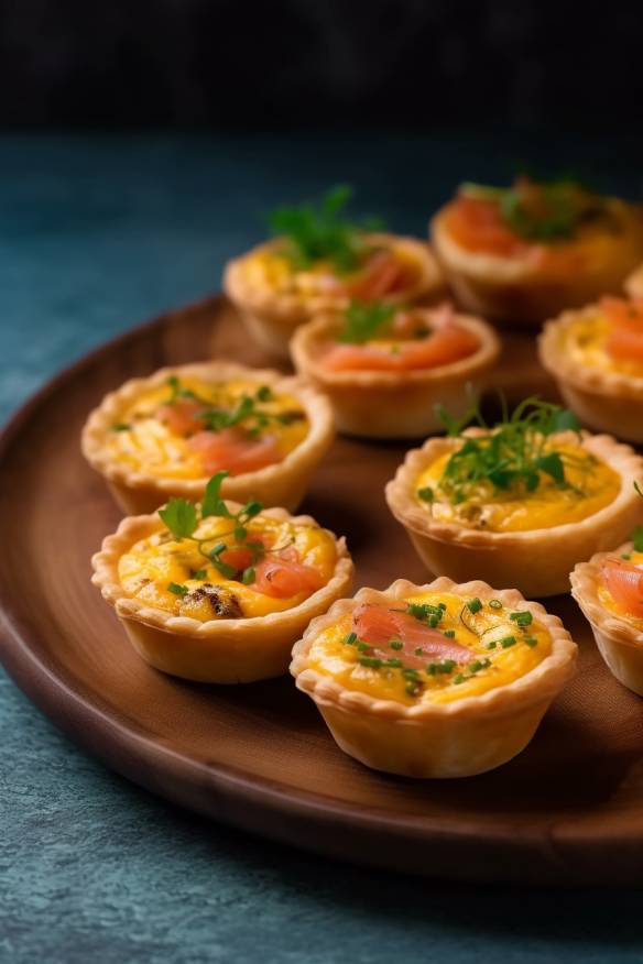 Mini-Lachs-Quiches auf einem Servierteller.