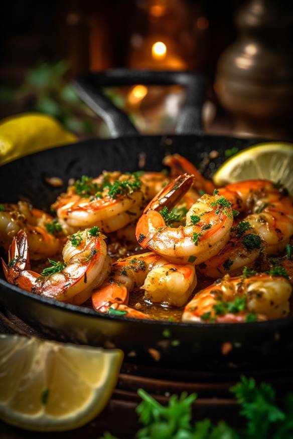 Gebratene Garnelen mit Knoblauch und Zitronenbutter