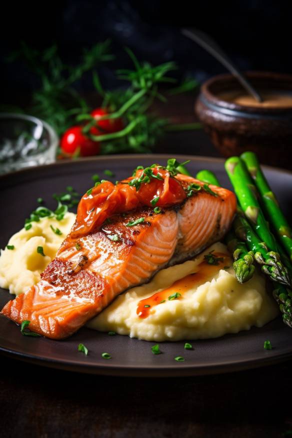 Gebratener Lachs mit Kartoffelstampf und grünem Spargel auf einem Teller serviert.