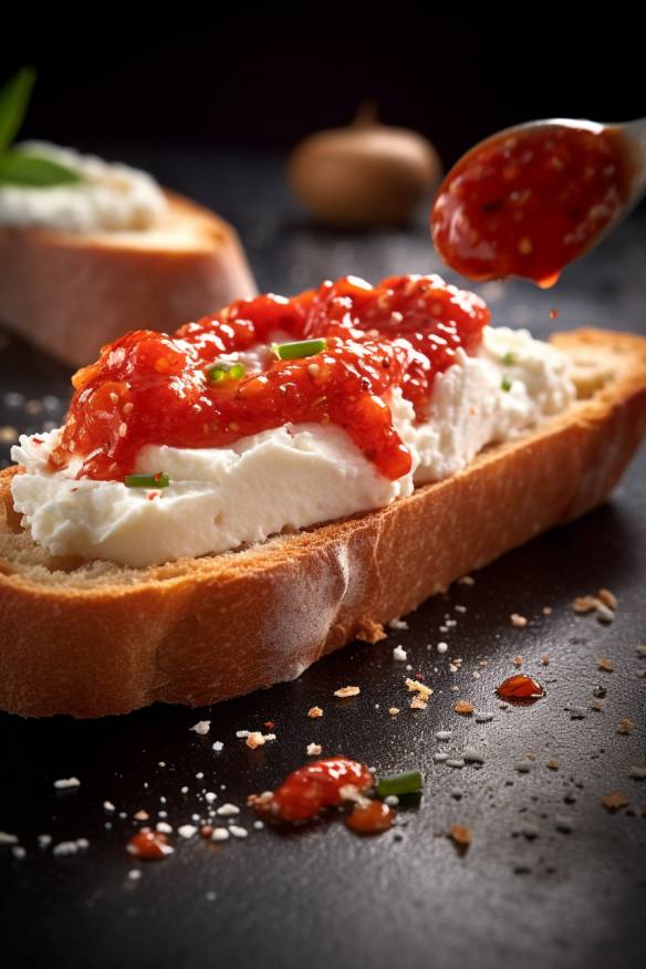 Paprika-Feta-Creme auf Baguette