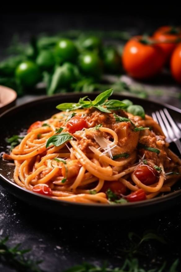 Schnelles Nudelgericht mit cremiger Tomatensoße und Rucola