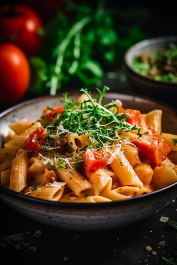 Schnelles Nudelgericht mit cremiger Tomatensoße und Rucola