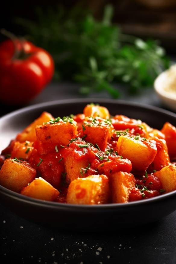 Patatas Bravas - Knusprige spanische Kartoffelwürfel mit würziger ...