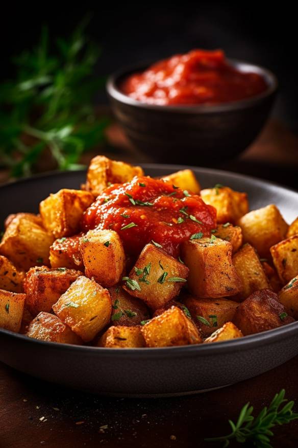 Patatas Bravas - Knusprige spanische Kartoffelwürfel mit würziger ...