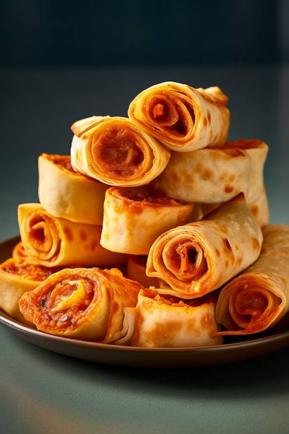 Pizza-Schnecken auf einem Teller angerichtet.