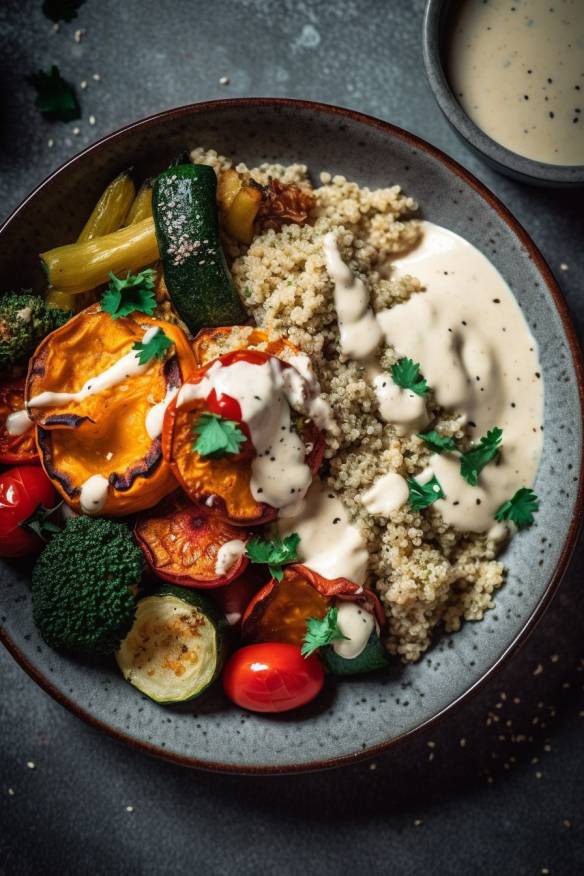 Quinoa Bowl mit geröstetem Gemüse und Tahini-Dressing - Coole Kochidee