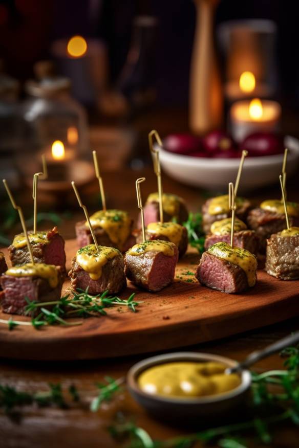 Roastbeef-Häppchen mit Senf-Dip