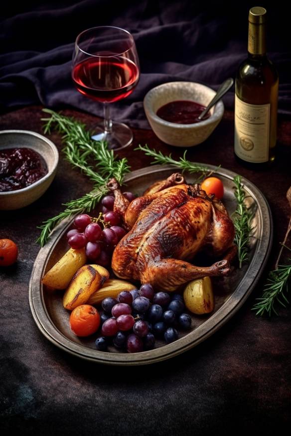 Fasan im Backofen mit Thymian-Kartoffeln und Rotwein-Sauce