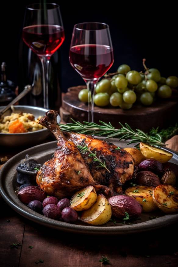 Fasan im Backofen mit Thymian-Kartoffeln und Rotwein-Sauce