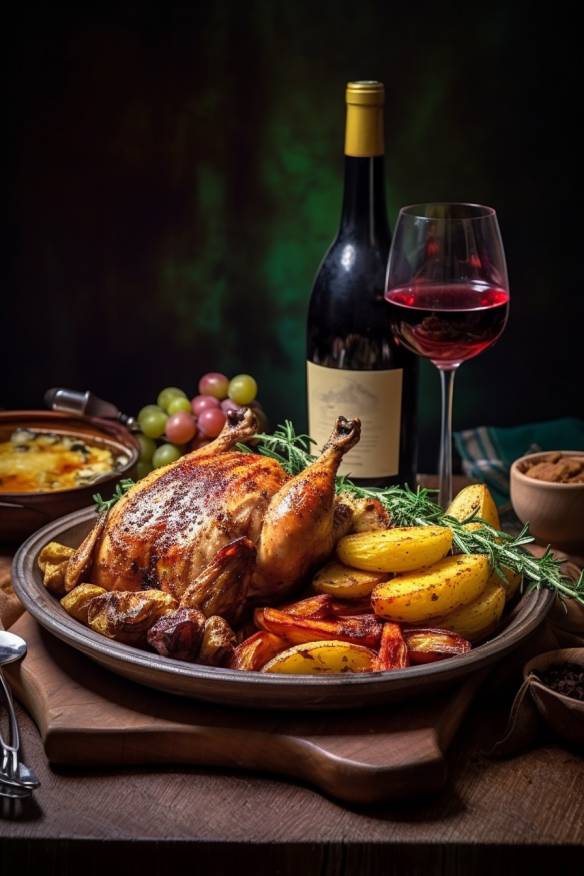 Fasan im Backofen mit Thymian-Kartoffeln und Rotwein-Sauce