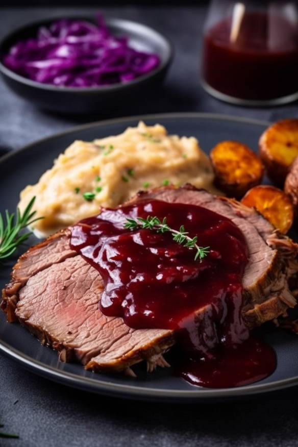 Sauerbraten Soße auf einem Teller mit Fleisch, Rotkohl und Kartoffeln