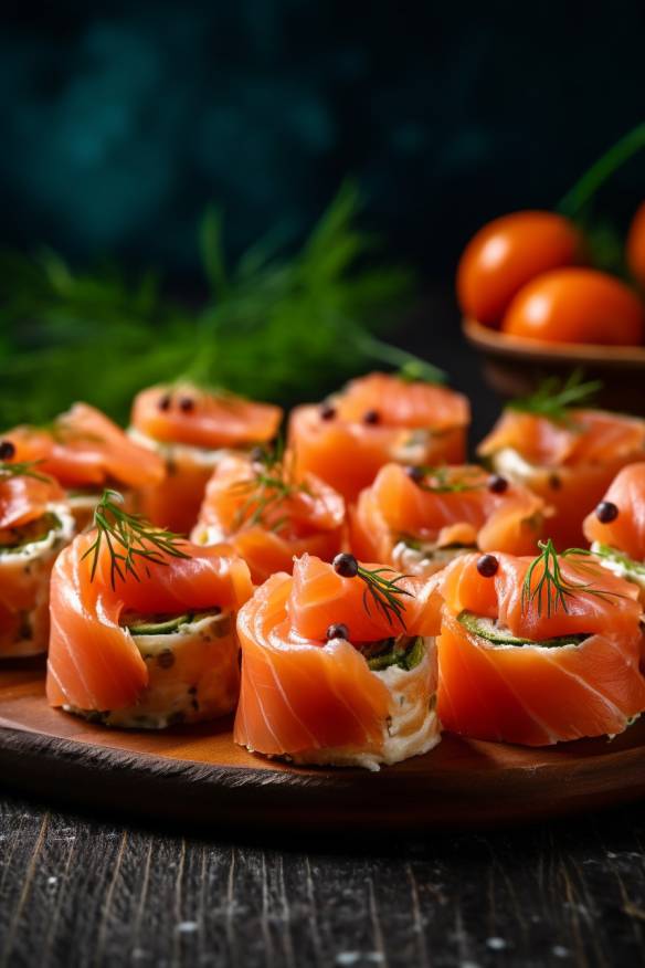 Geräucherte Lachs-Röllchen als Häppchen für Gäste