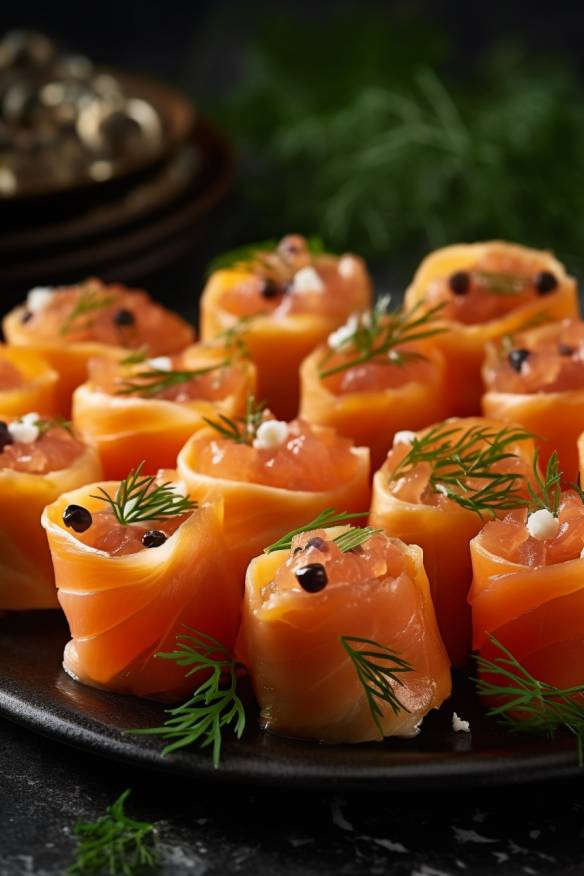 Geräucherte Lachs-Röllchen als Häppchen für Gäste