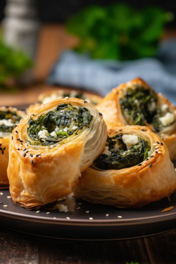 Knusprige Blätterteig-Schnecken auf einem Teller angerichtet.
