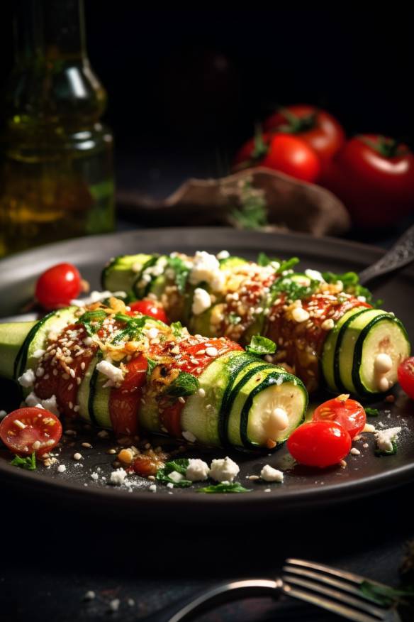 Gefüllte Zucchini mit Feta und Tomaten auf einem Teller