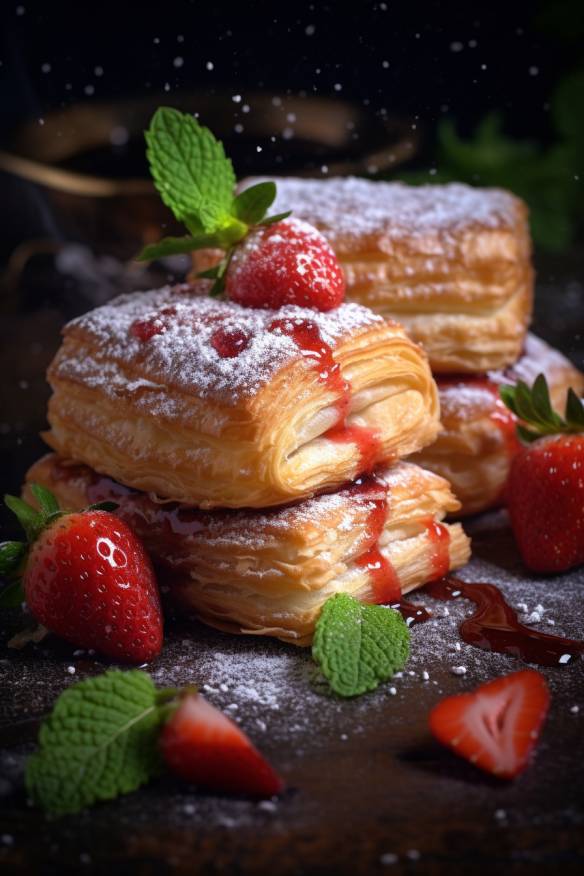 Süße Blätterteig-Naschereien mit Erdbeeren.