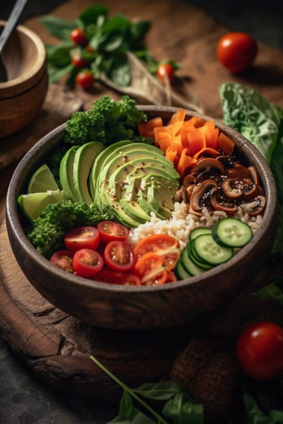 Vegane Buddha Bowl mit Reis und Gemüse
