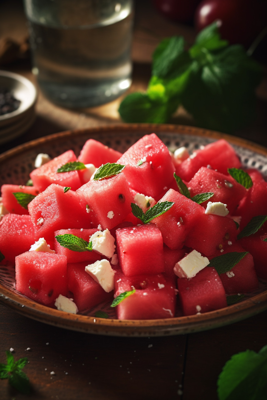 Wassermelonen-Feta-Salat auf einem Teller angerichtet.