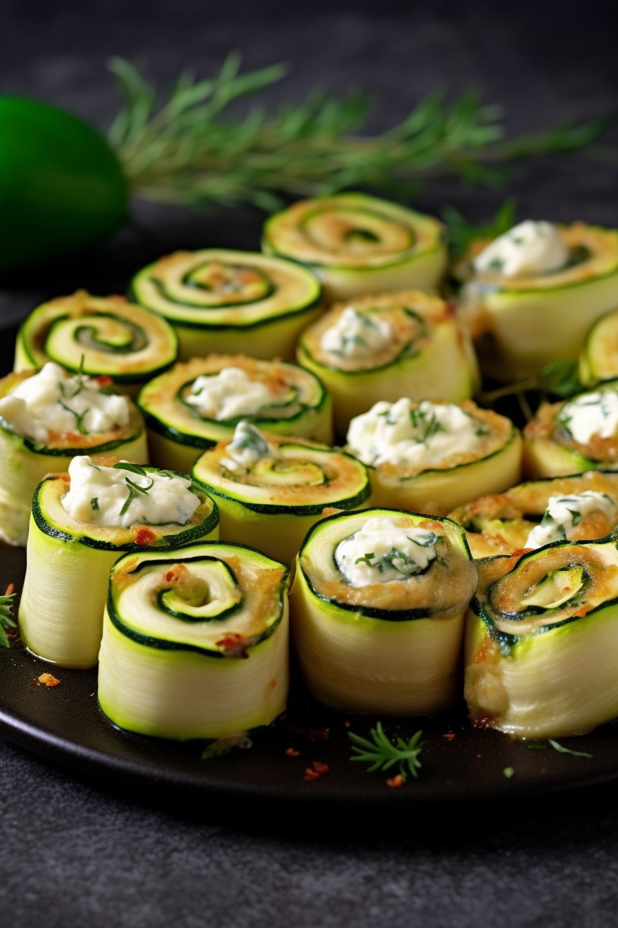 Zucchini-Rollen mit Frischkäsefüllung auf einem Teller angerichtet.