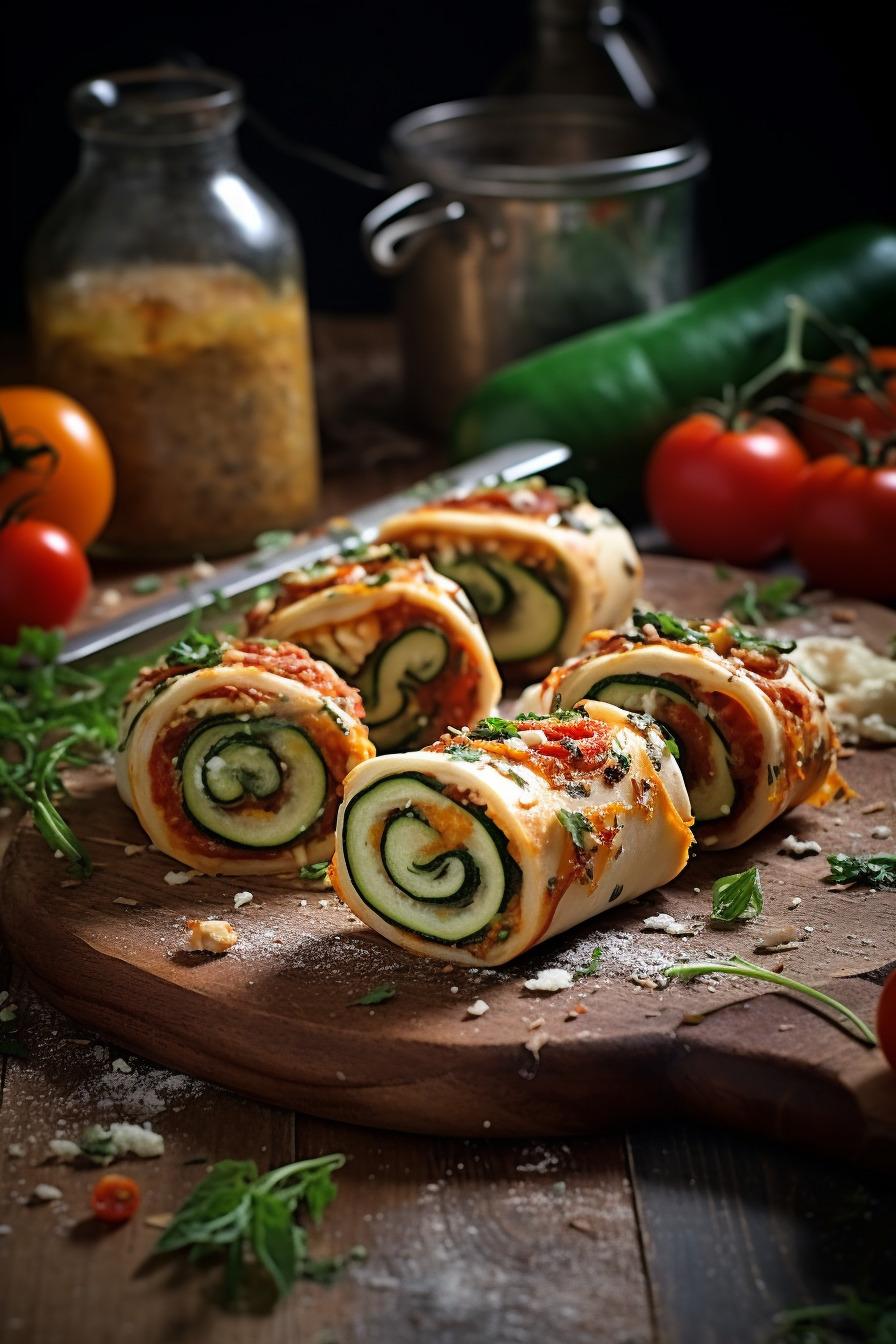 Zucchini-Feta-Röllchen mit Tomaten und Rucola