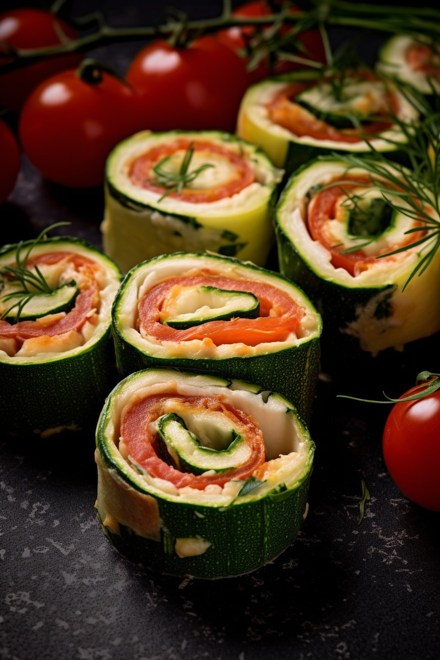 Zucchini-Feta-Röllchen mit Tomaten und Rucola
