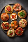 Mini-Pizzas auf einem Teller angerichtet.